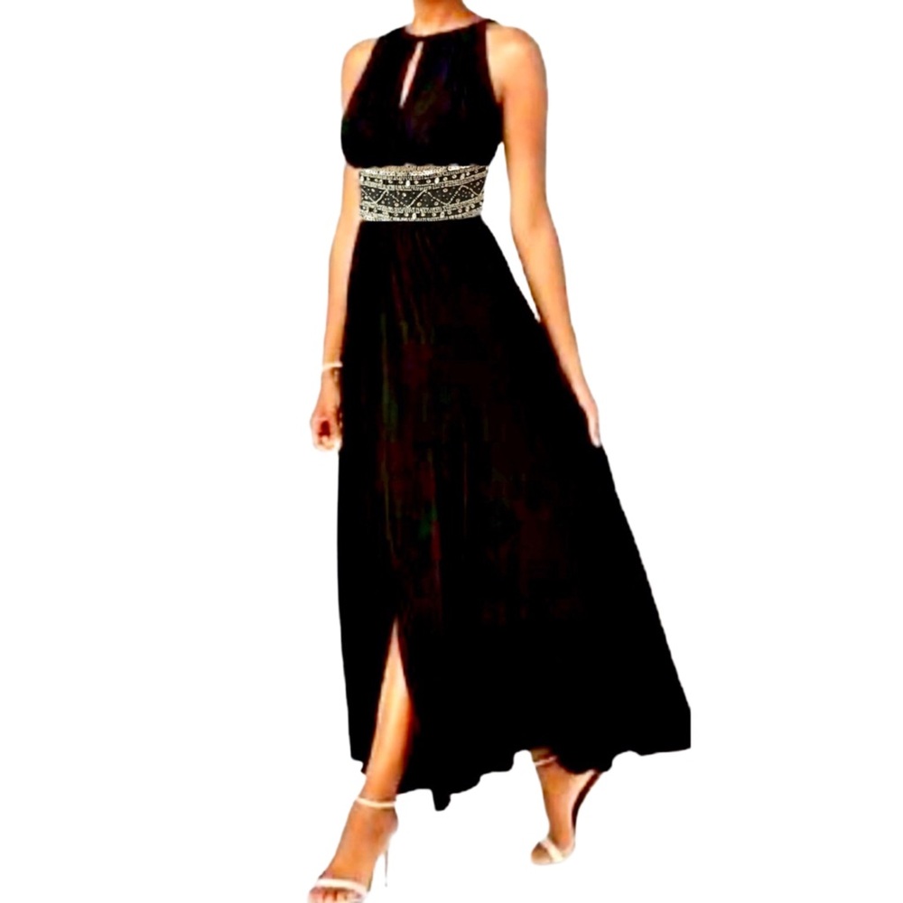 JS Boutique Black Silver Gold Halter Empire Long Maxi Evening Gown Formal Dress